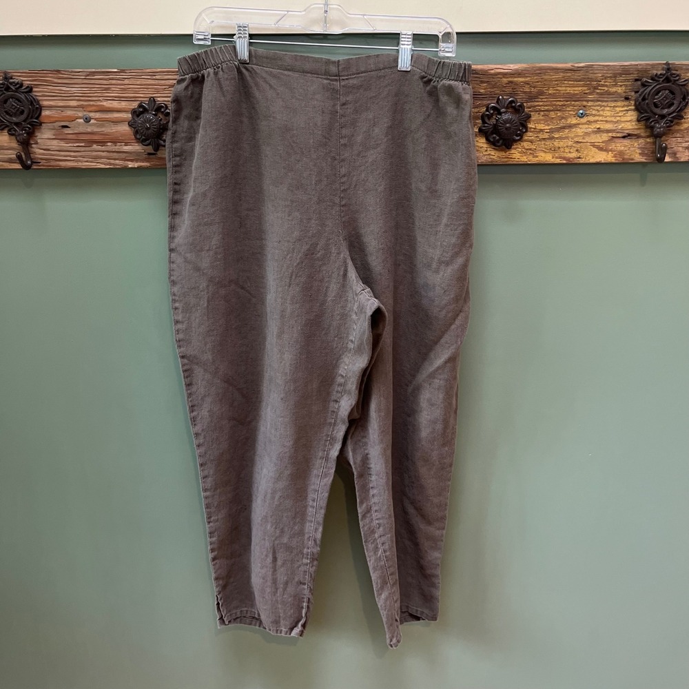 FLAX 100% Linen Elastic Waist Tapered Cropped Pants Brown Large Lagenlook